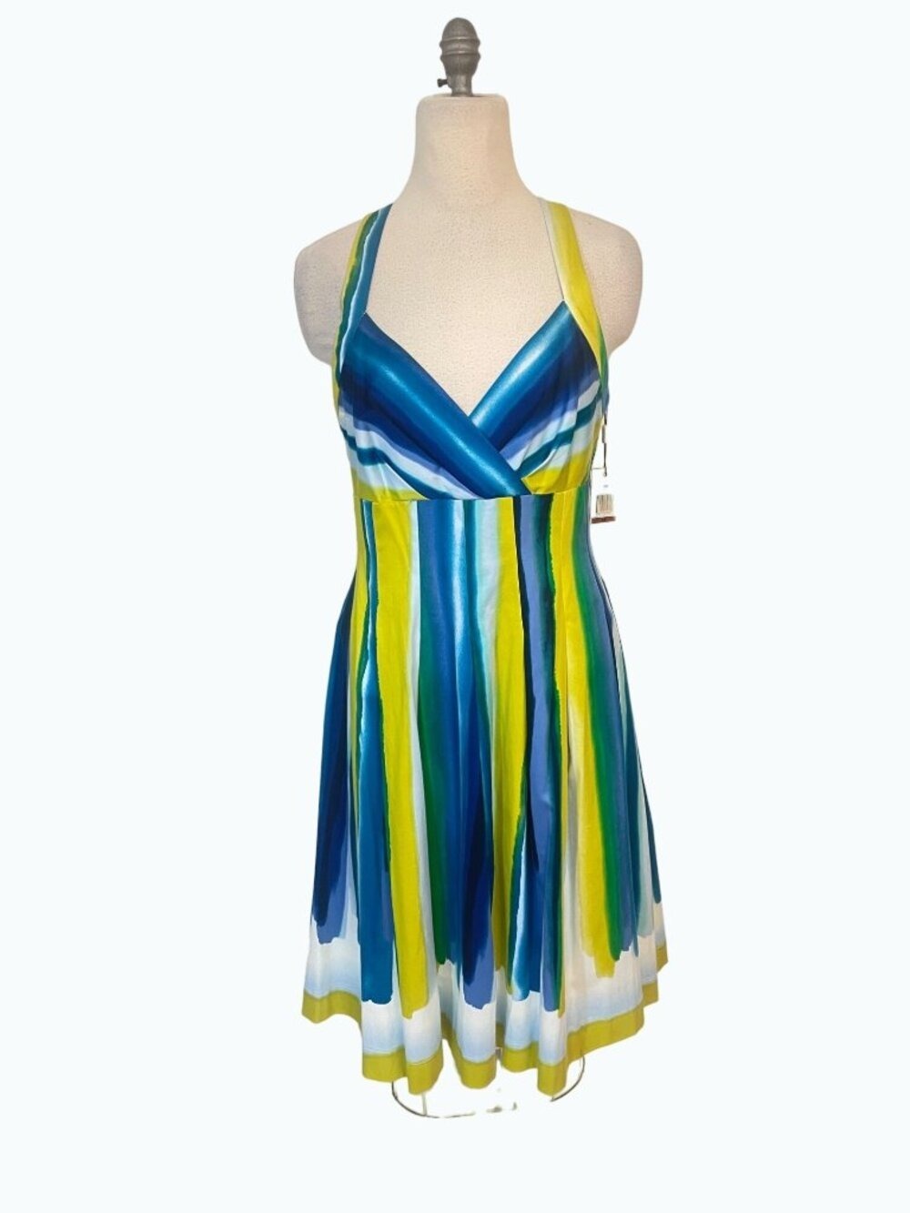 Calvin Klein Blue & Yellow Stripe A-Line Knee Length Dress NWT 12